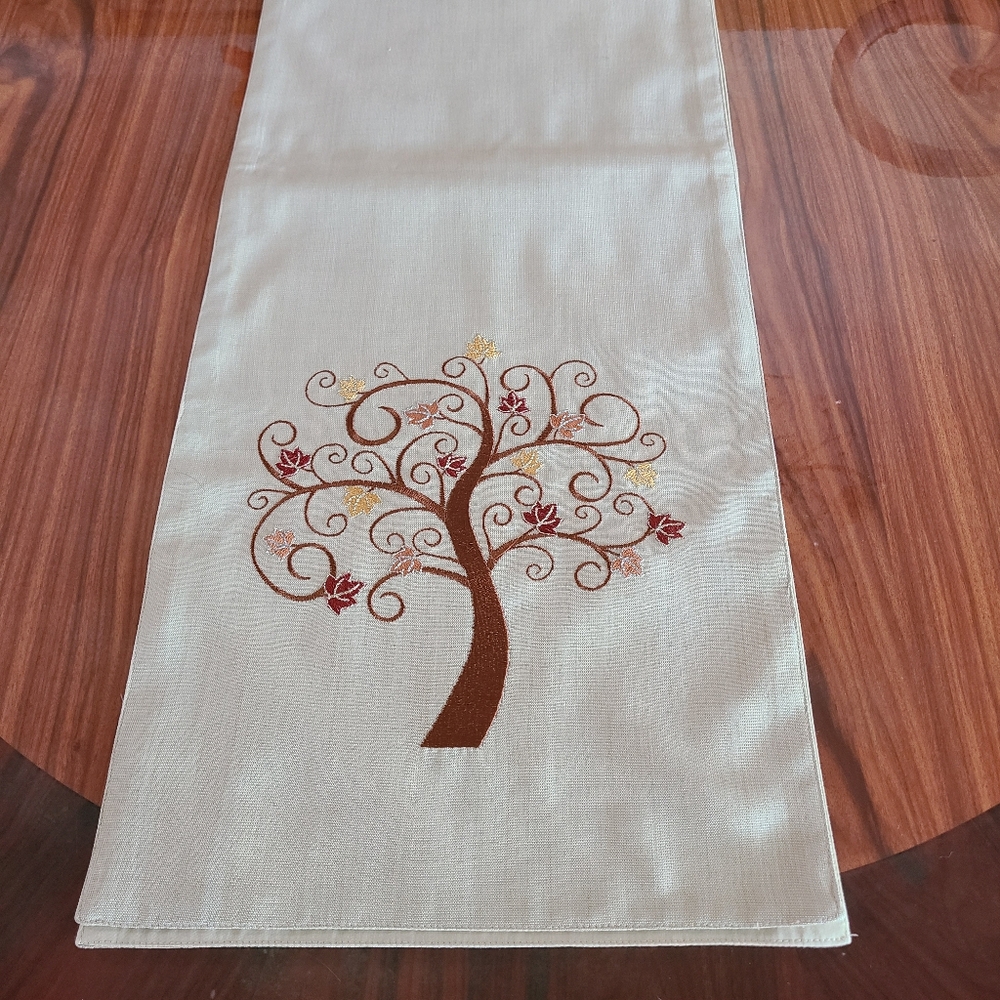 Inspired Tresures Table Runner Beige/Brown Embroidered Tree 71"x13"